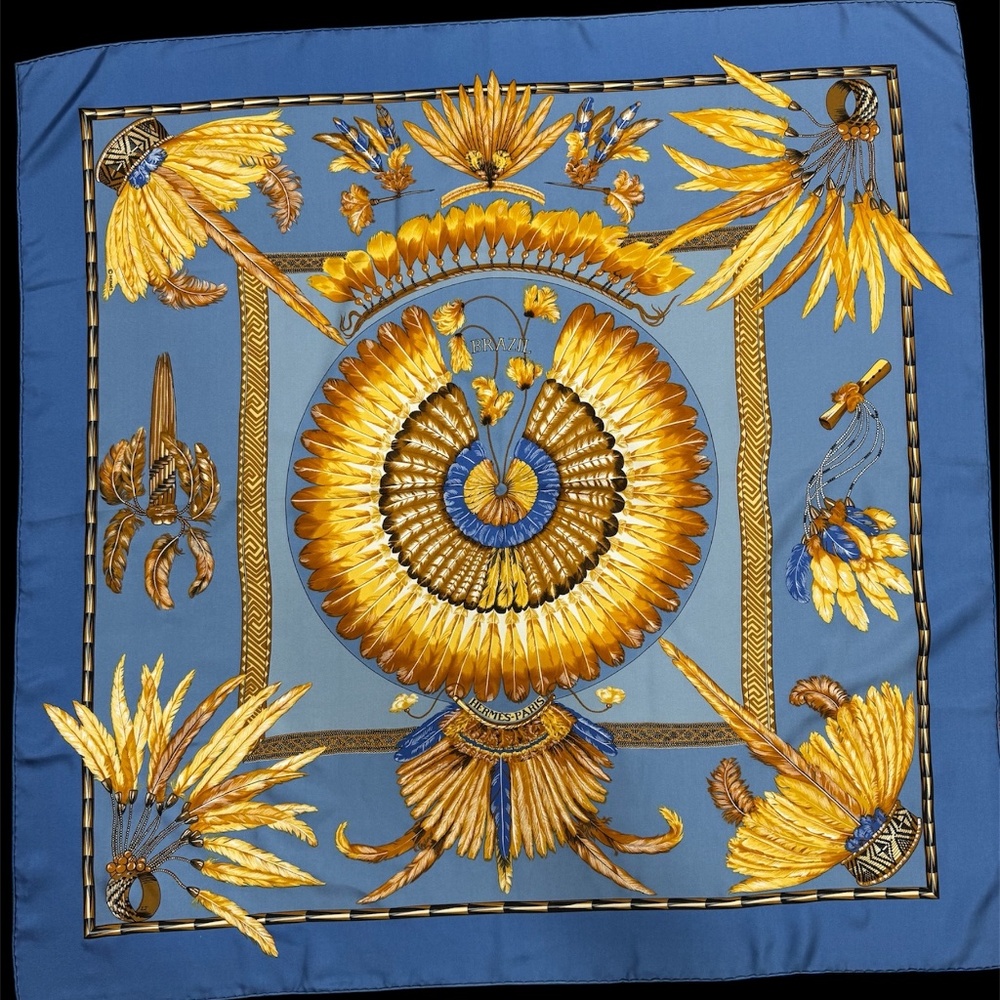 Hermés Brazil Carré 90cm Silk Scarf, Blue & Gold-New/Rare